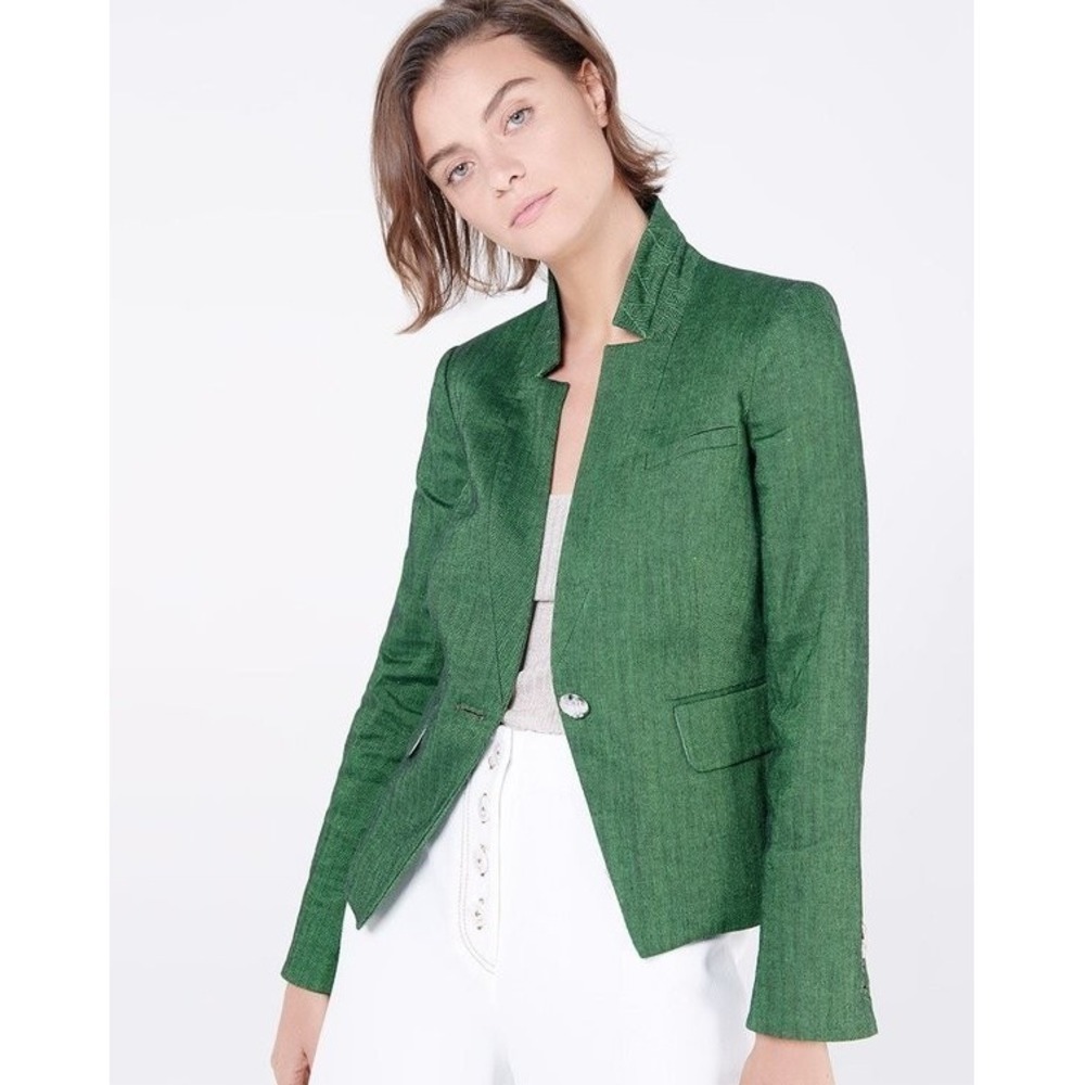Veronica Beard Farley Blazer Green Herringbone Linen Blend Jacket Women's Sz 8